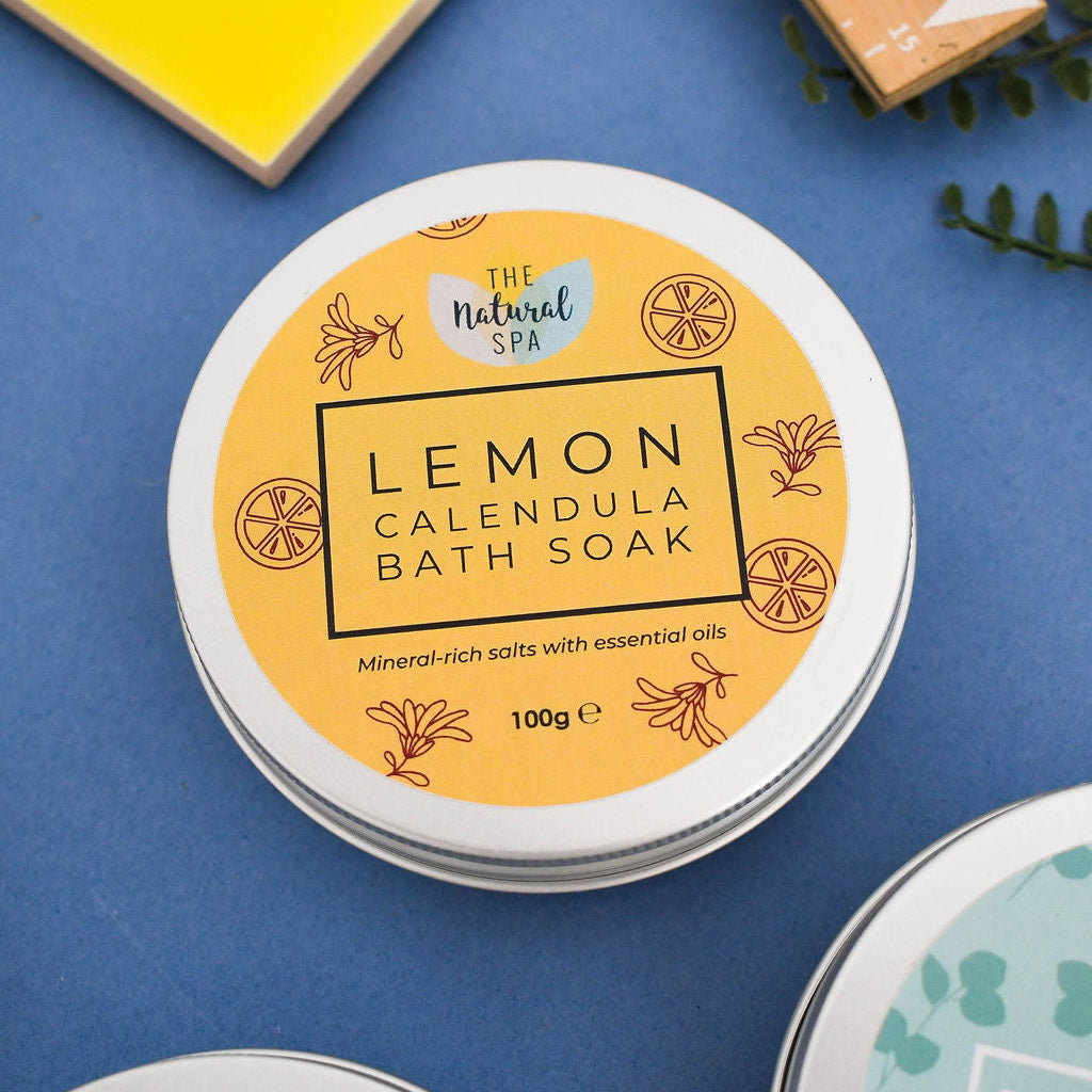Lemon Calendula Bath Soak | Natural Mineral Bath Salts Tin UK
