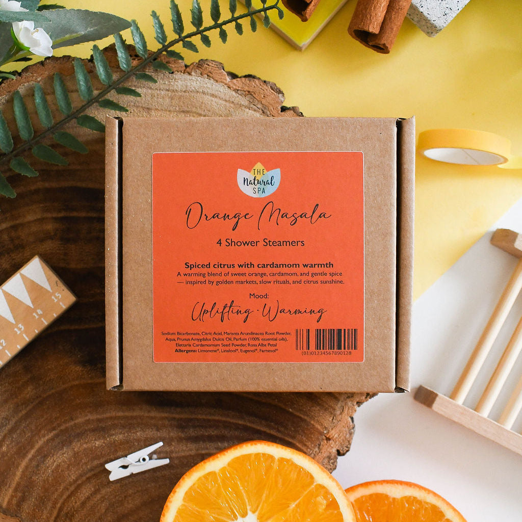Orange Masala Shower Steamers | Spiced Citrus & Cardamom Aromatherapy | Energising & Uplifting Shower Fizzers | Set of 4