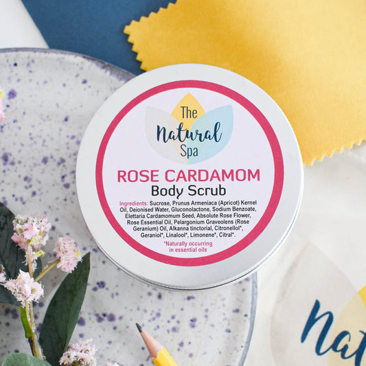 Exfoliante corporal de rosas y cardamomo: opción de 3 tamaños diferentes