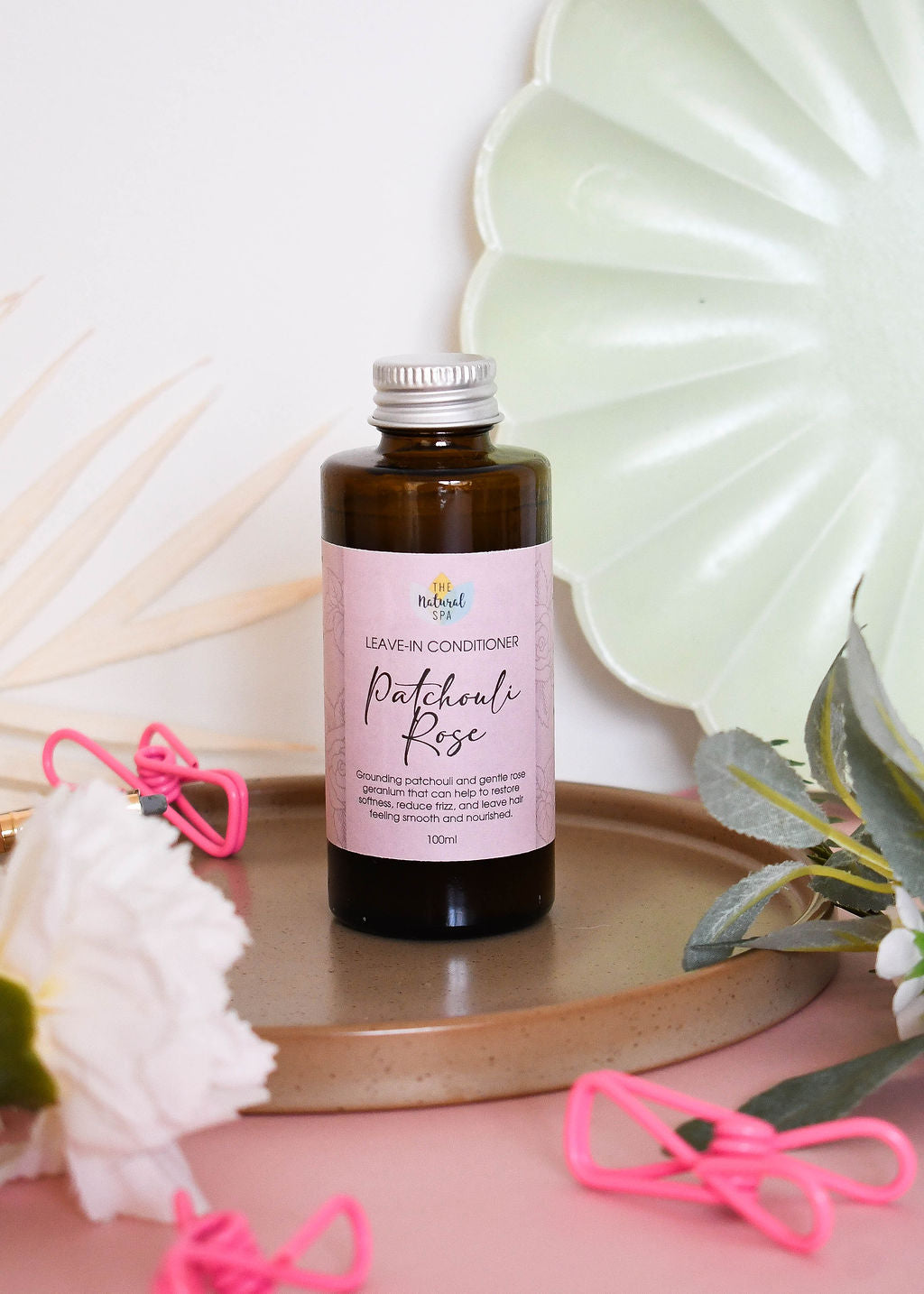 patchouli rose leave in conditioner, all hair types, de-frizzes and smoothes, vegan, eco-friendly