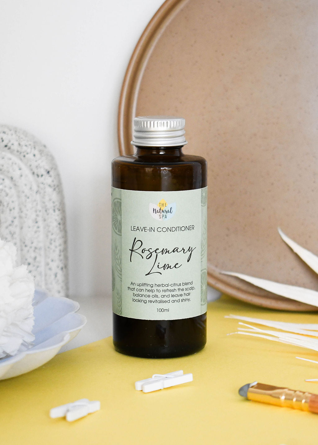 rosemary lime leave in conditioner, all hair types, de-frizzes and smoothes, vegan, eco-friendly